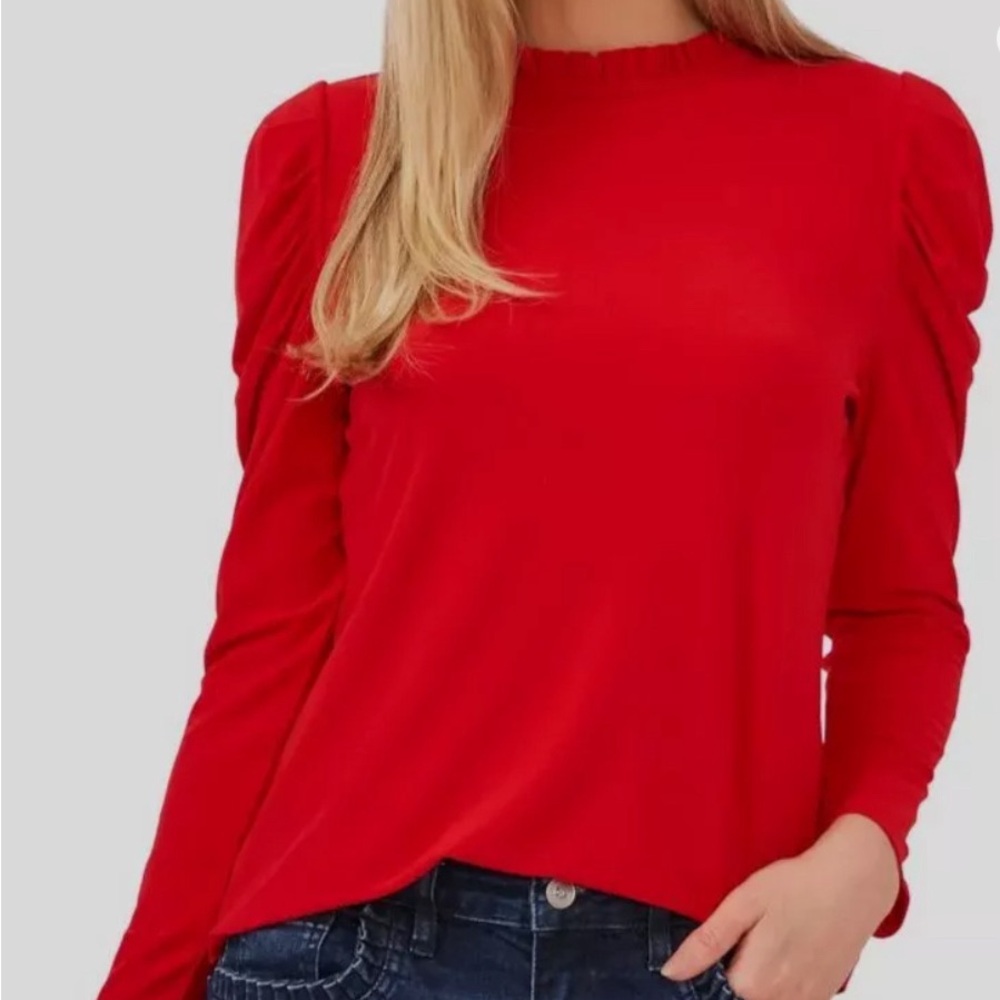 CeCe Women's Ruffle Mock Neck Long Puff Sleeve Knit Top - M, Luminous Red